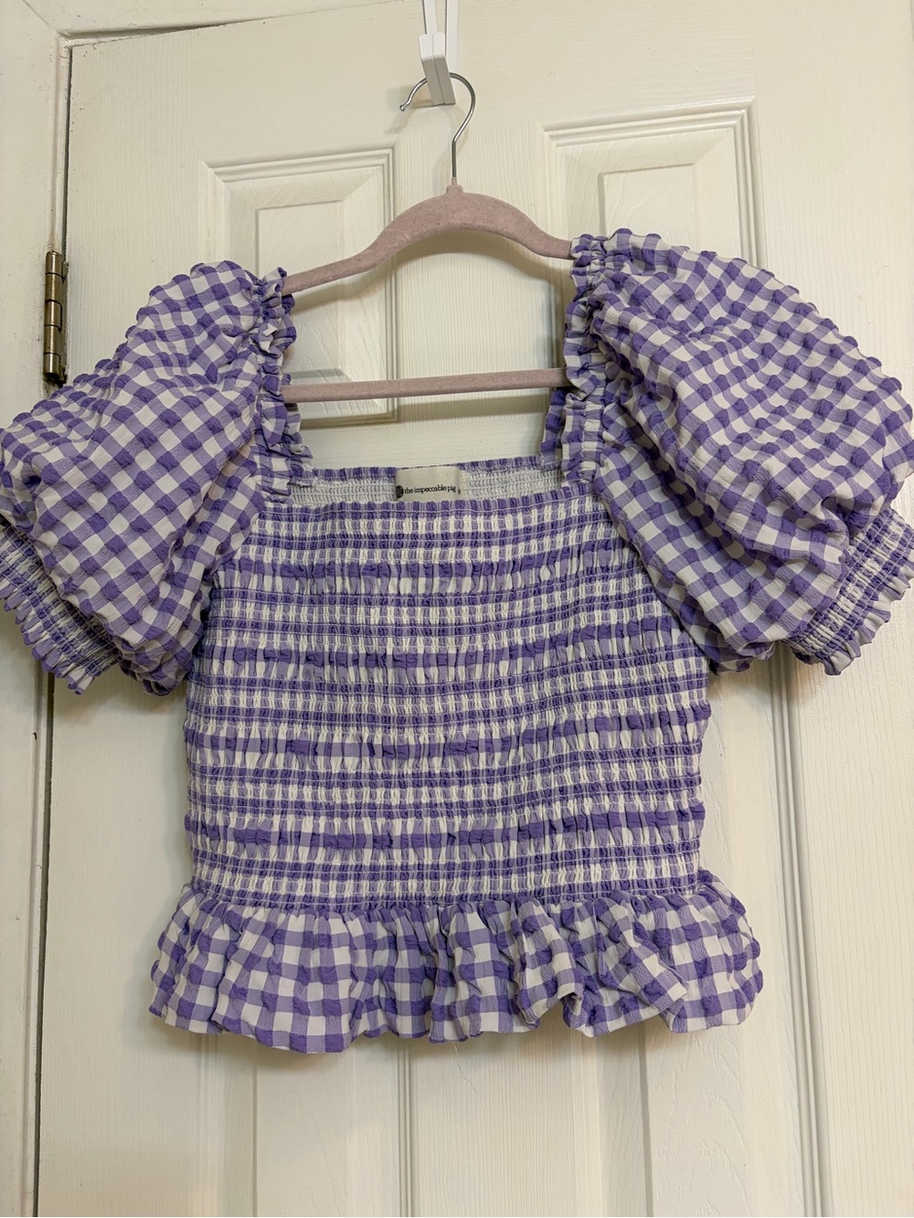 The Impeccable Pig Lavender Gingham Bubble Puff Sleeve Smocked Crop Top Size M